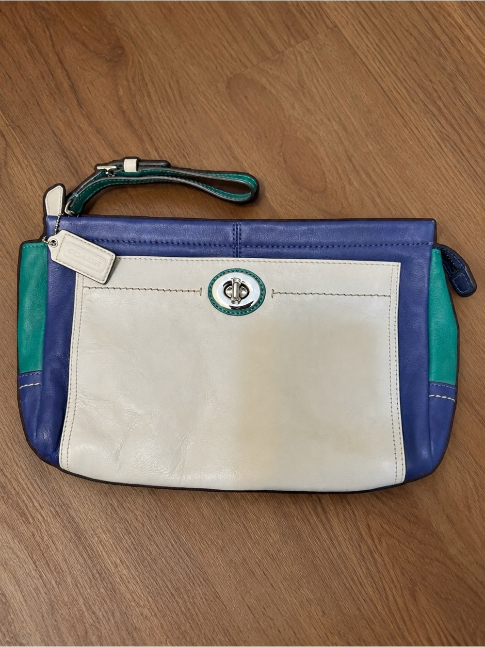 COACH Parker Colorblock Leather Clutch Wristlet with Strap Blue Green and White